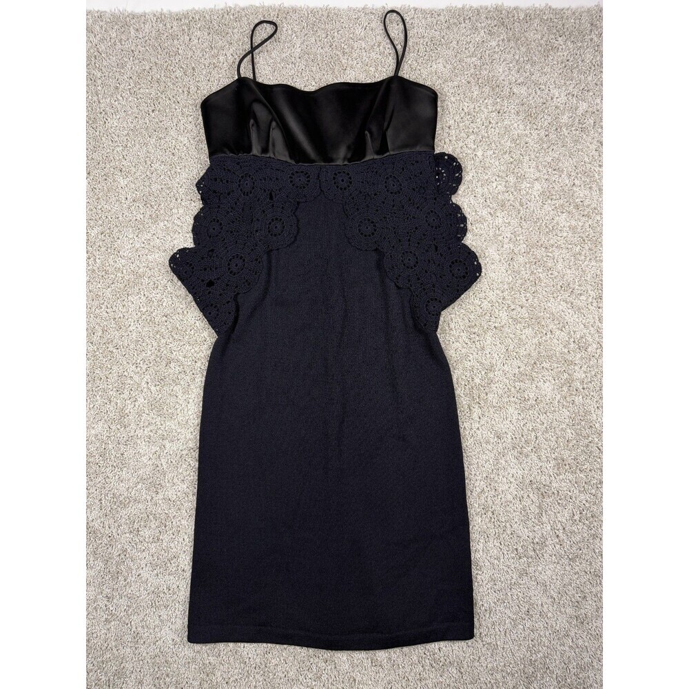 St John Evening Black Cocktail Dress Size 4 Satin Crochet Lace Trim Sleeveless